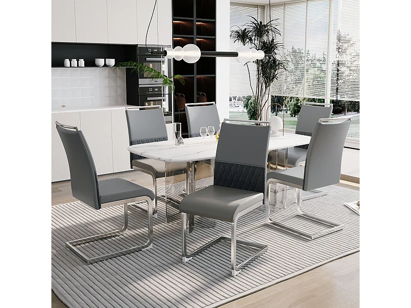 Lot 6 chaises salle à manger modernes, dossier PU cuir et lin, chaise haute rembourrée, design rayures croisées, gris (42x45x83.7 cm)