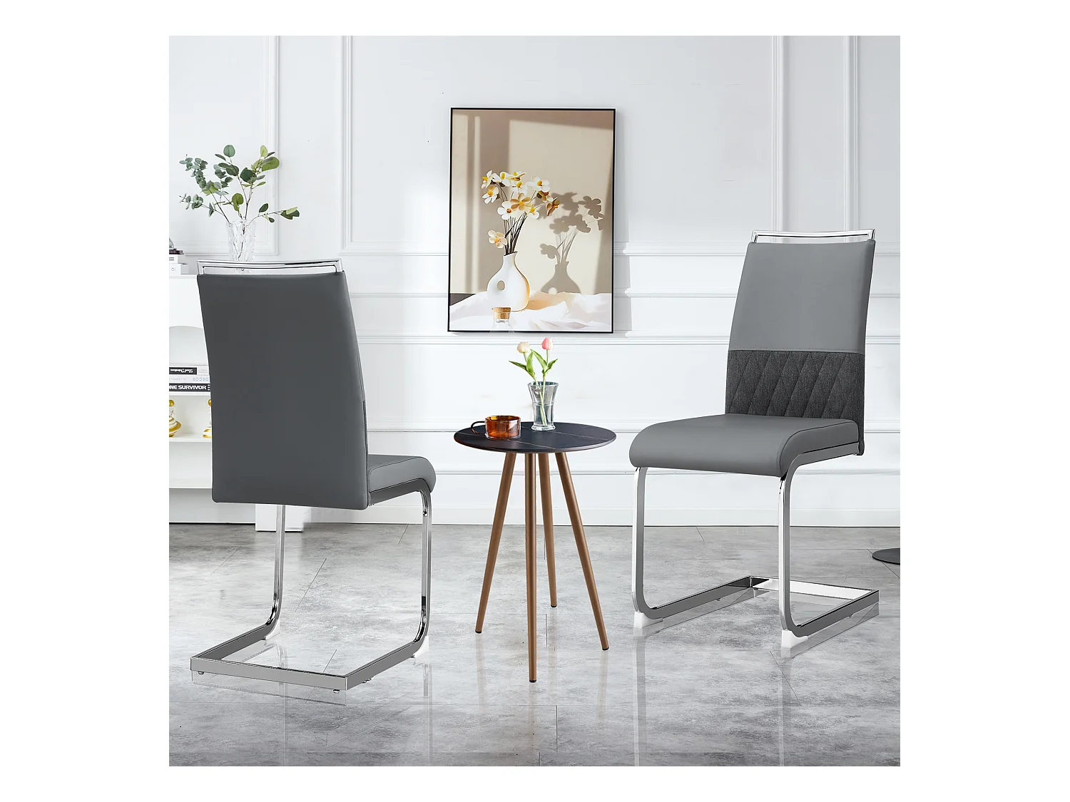 Lot 6 chaises salle à manger modernes, dossier PU cuir et lin, chaise haute rembourrée, design rayures croisées, gris (42x45x83.7 cm)