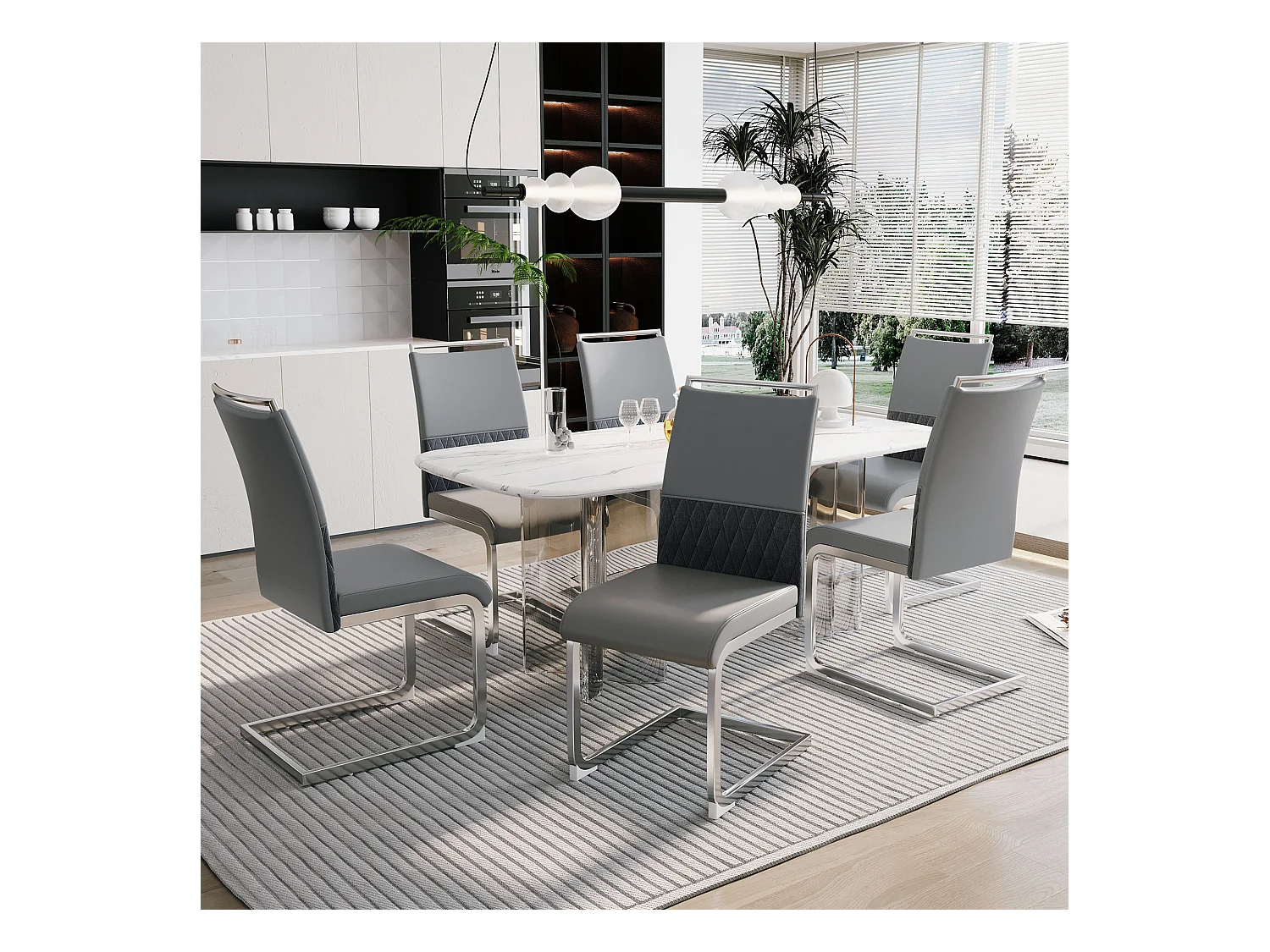 Set van 6 moderne eetkamerstoelen, rugleuning van PU-leer en linnen, gestoffeerde kinderstoel, gekruist streepdessin, grijs (42x45x83,7 cm)
