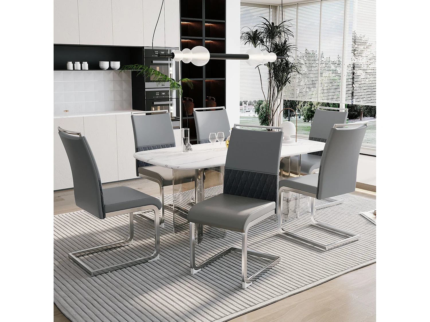 Juego de 6 sillas de comedor modernas, respaldo de piel sintética y lino, trona tapizada, diseño de rayas cruzadas, color gris (42 x 45 x 83,7 cm)