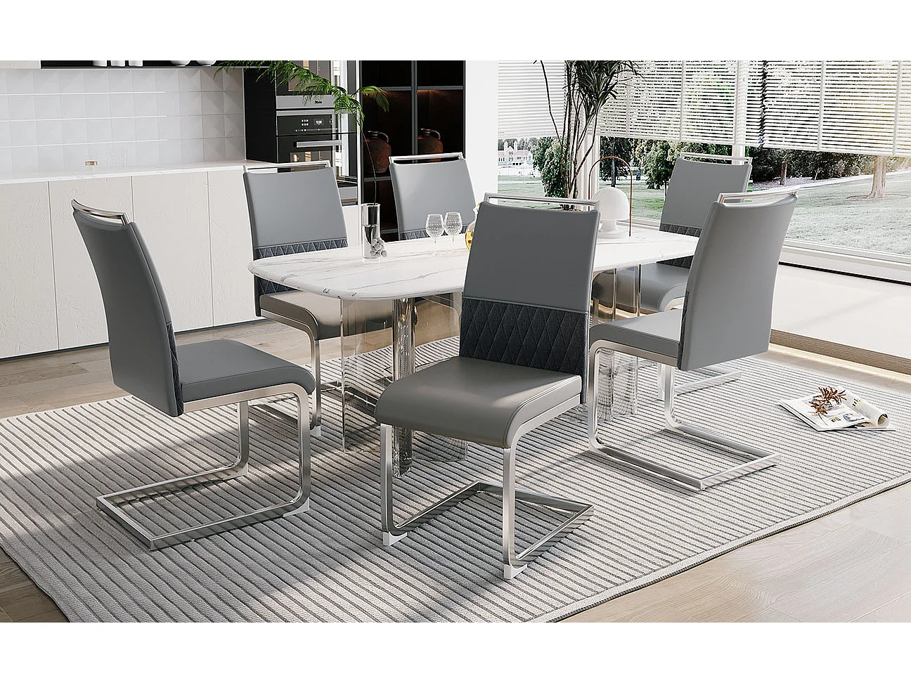 Juego de 6 sillas de comedor modernas, respaldo de piel sintética y lino, trona tapizada, diseño de rayas cruzadas, color gris (42 x 45 x 83,7 cm)