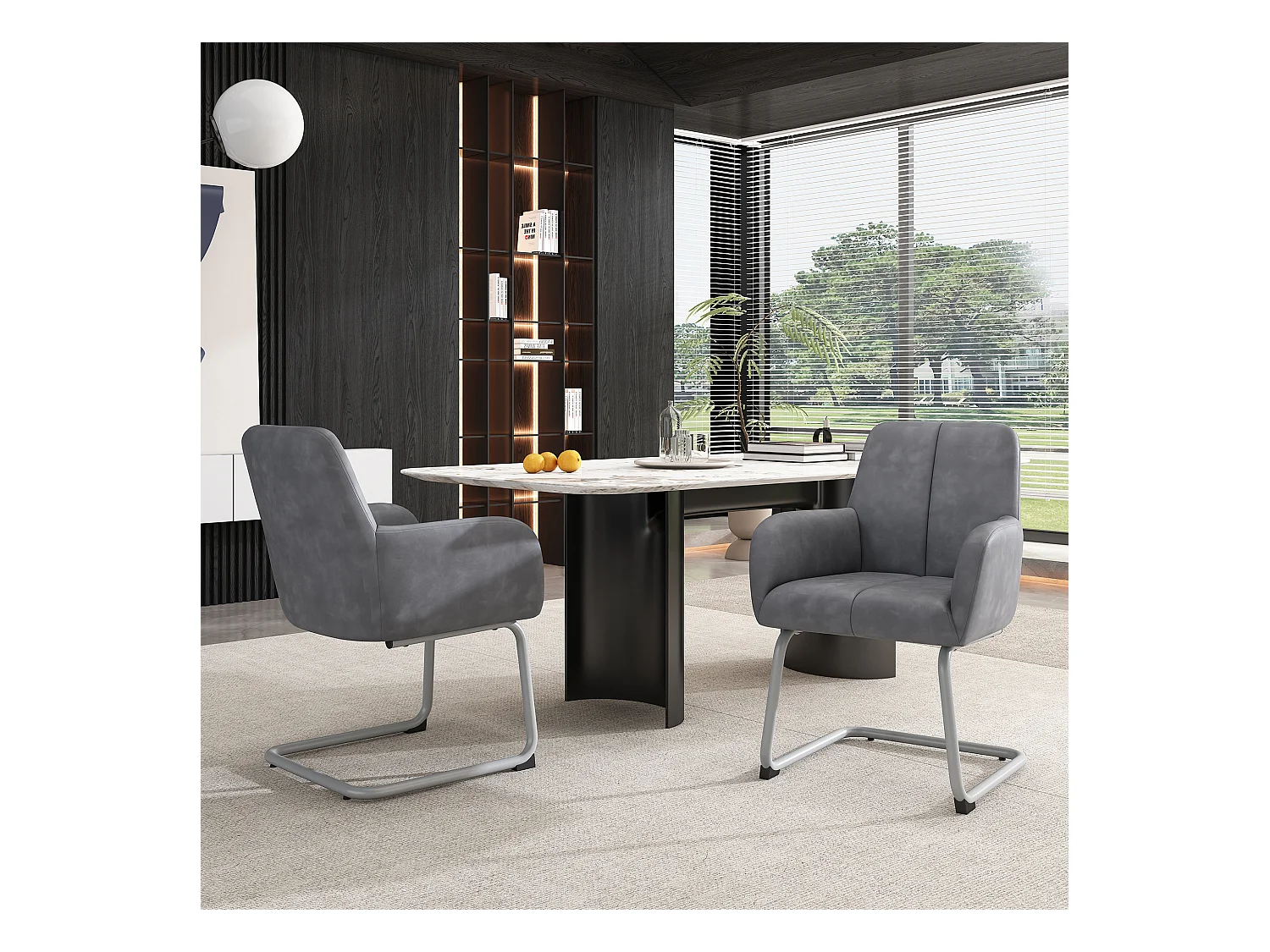 Juego de 6 elegantes sillas de comedor con reposabrazos, piel sintética, patas de metal curvadas, color gris (56 x 56 x 76 cm)