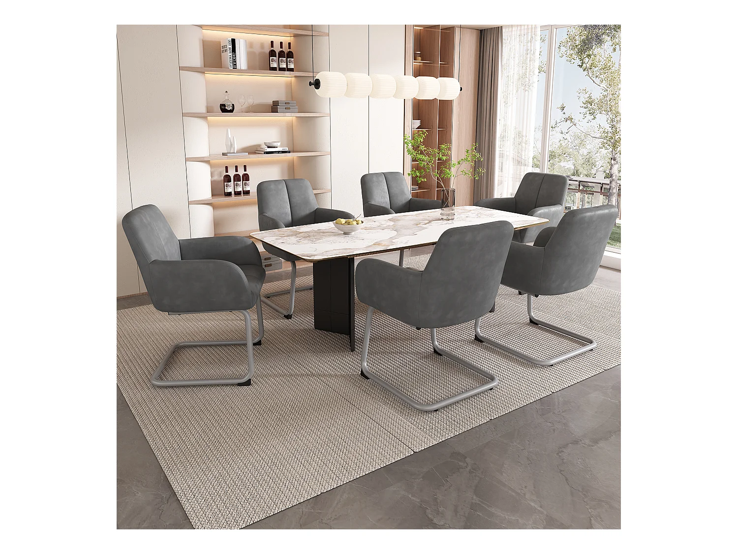 Juego de 6 elegantes sillas de comedor con reposabrazos, piel sintética, patas de metal curvadas, color gris (56 x 56 x 76 cm)