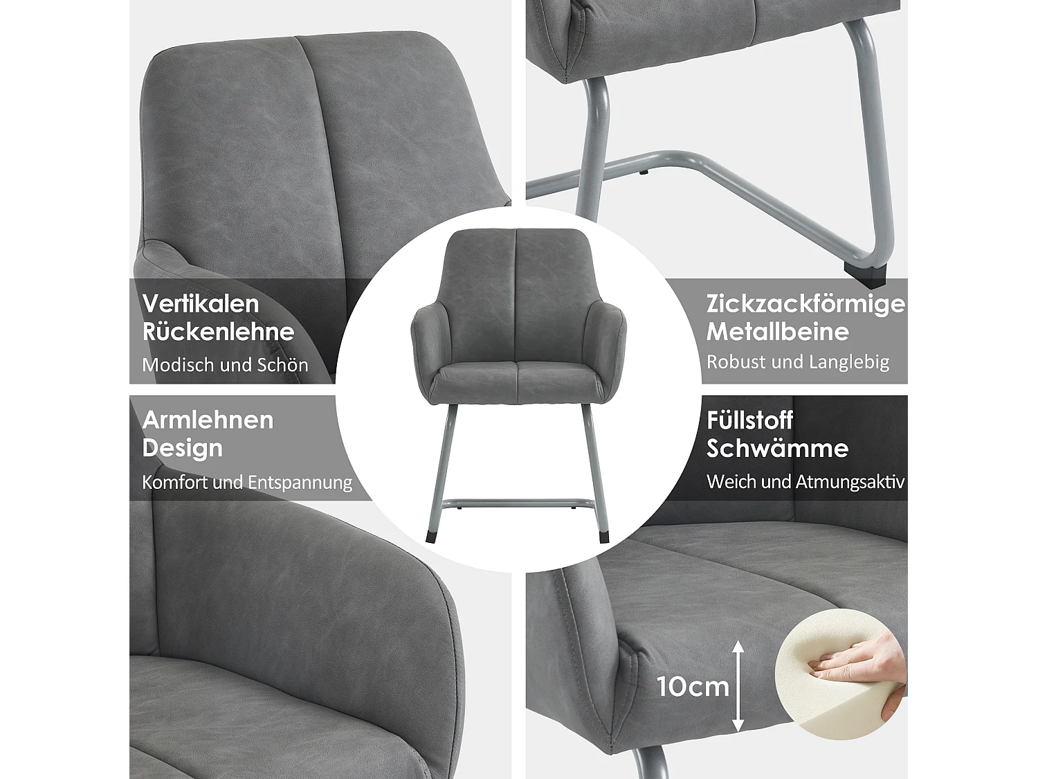 Set van 6 elegante eetkamerstoelen met armleuningen, kunstleer, gebogen metalen poten, grijs (56x56x76 cm)