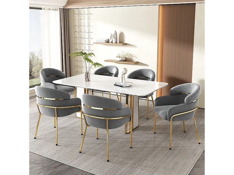 Lot de 6 Chaises de Salle à Manger, Design Moderne, Pieds Métalliques, Velours Gris (59.69x59.69x55.88 cm)