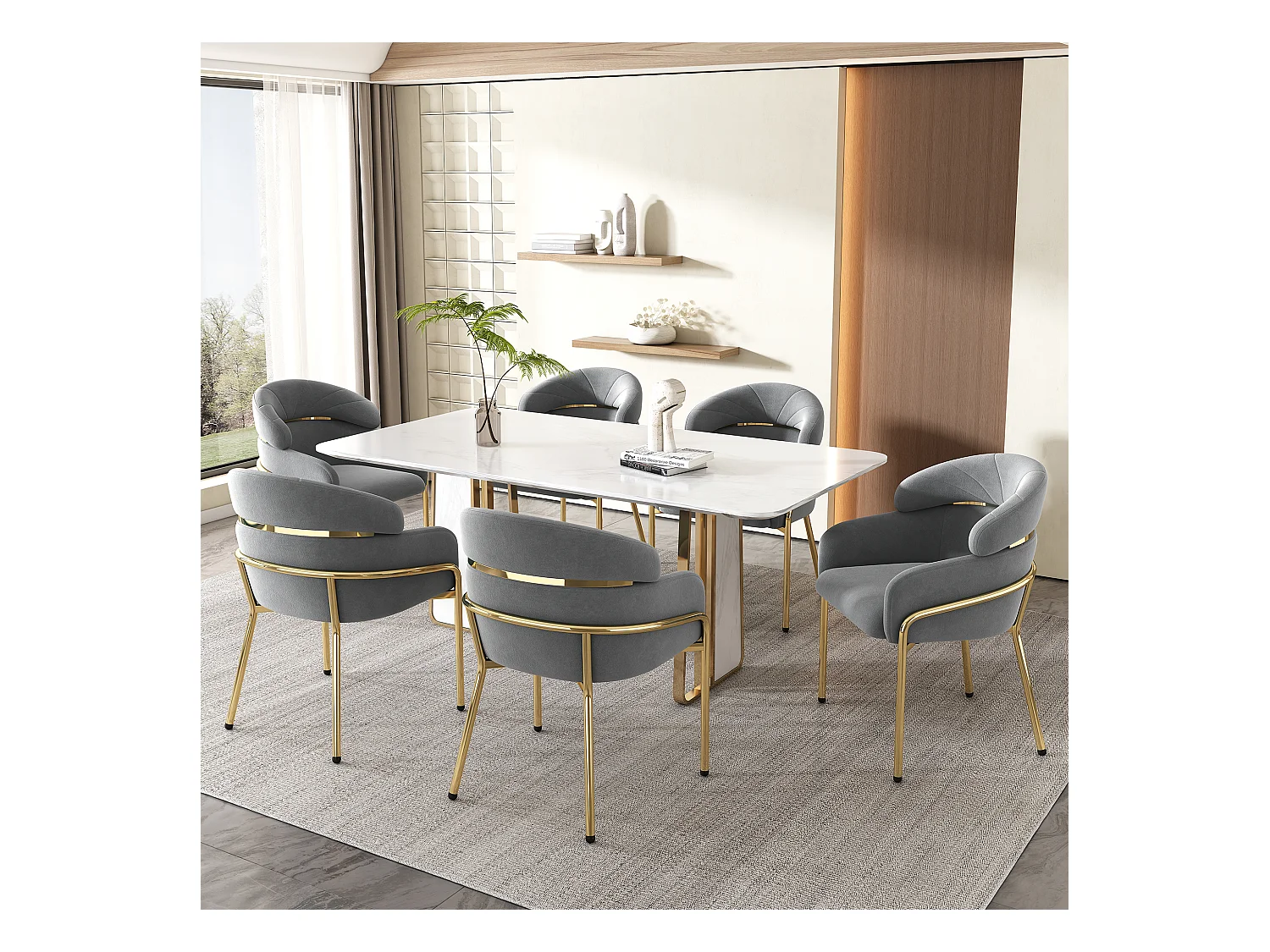 Lot de 6 Chaises de Salle à Manger, Design Moderne, Pieds Métalliques, Velours Gris (59.69x59.69x55.88 cm)