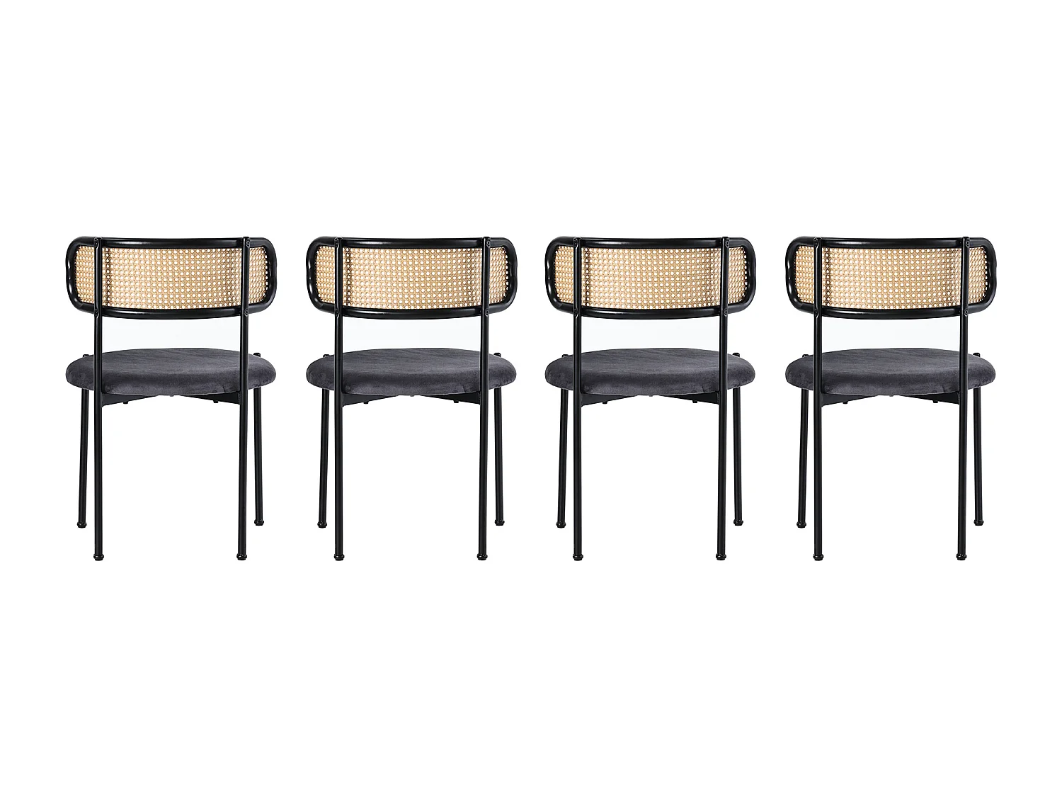 Chaise de salle à manger en velours, 4 pièces, avec dossier en rattan et pieds en métal, gris, (Dimensions : 44 x 52 x 87 cm)
