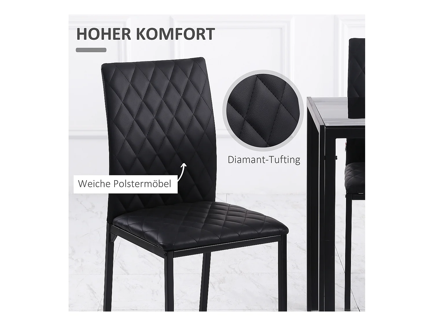 Ensemble de 4 chaises de salle à manger rembourrées, dossier haut et pieds en acier, noir (41x50x91 cm)