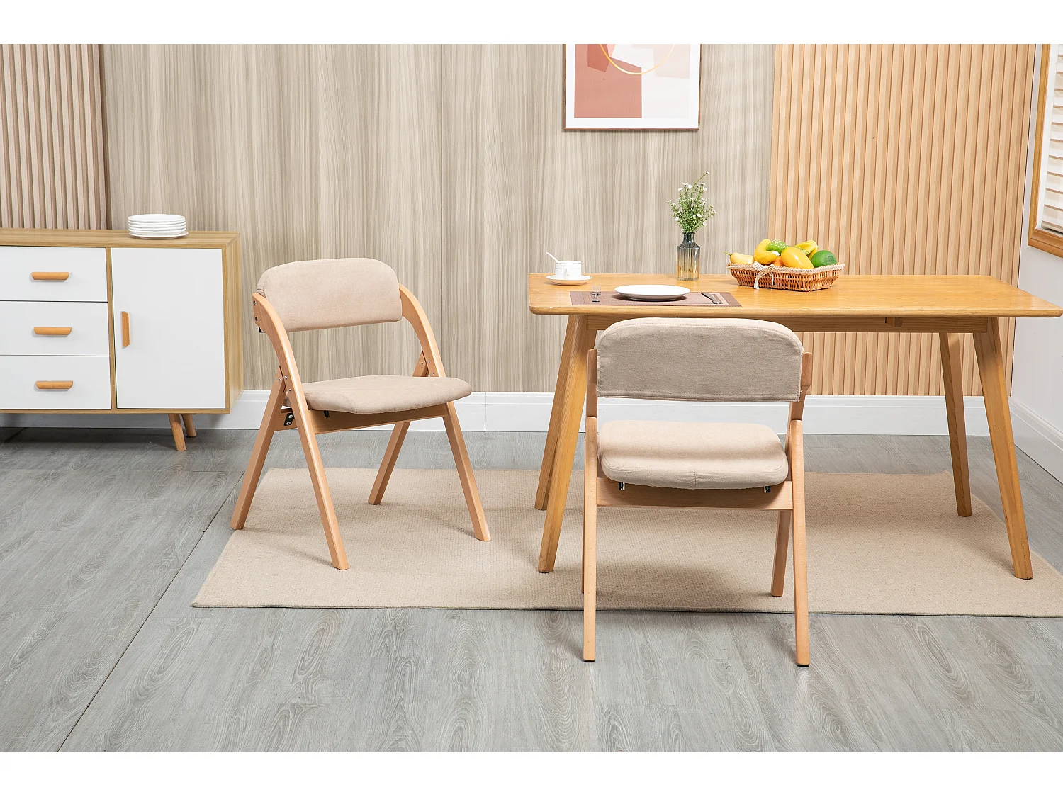 Chaises pliantes avec coussin, chaises empilables en bois, Lot de 2, kaki (79x54x60 cm)