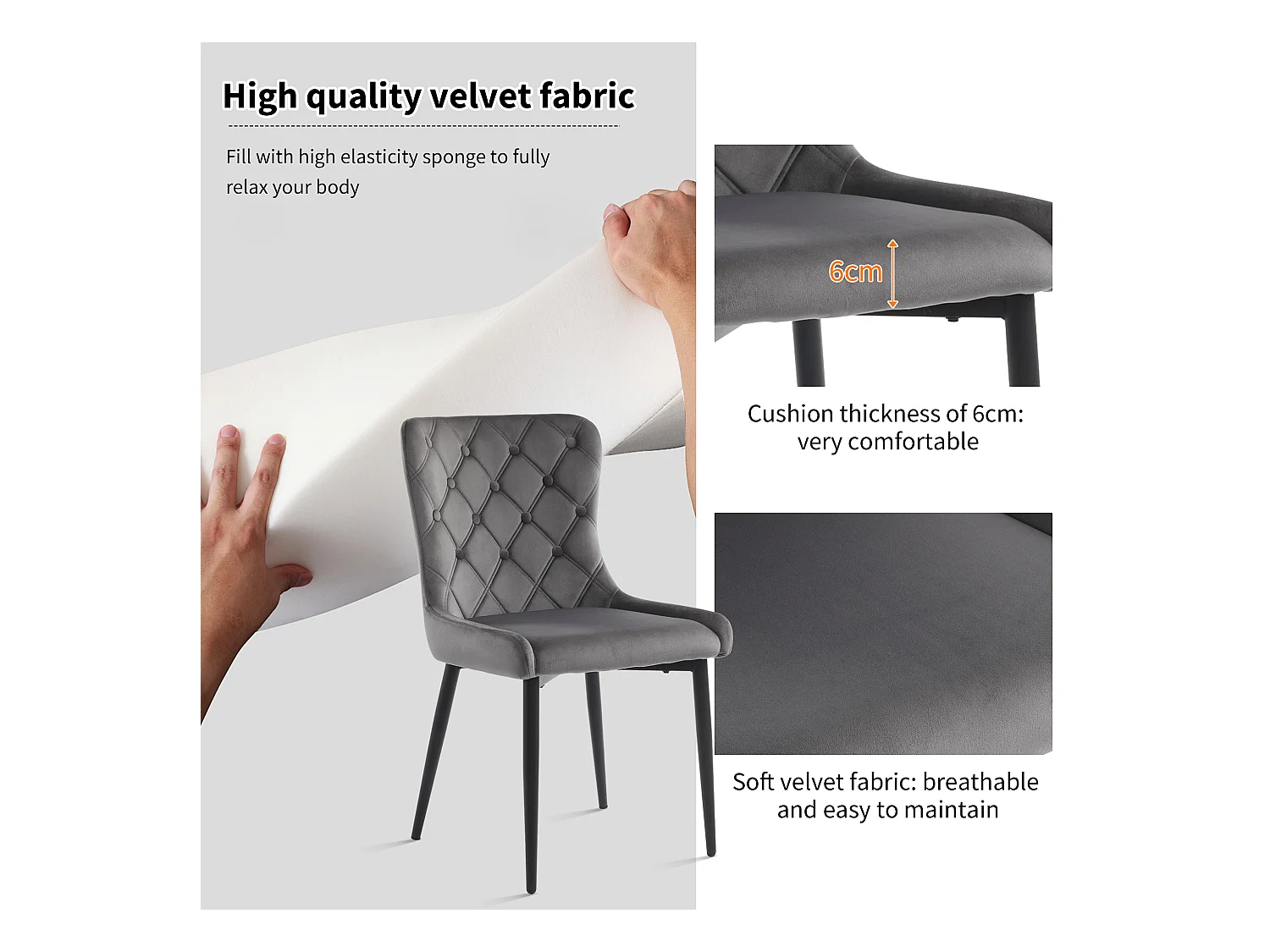 Lot de 2 chaises de salle à manger avec dossier, chaises de cuisine en velours, pieds métalliques noirs, gris foncé (50x45x86 cm)