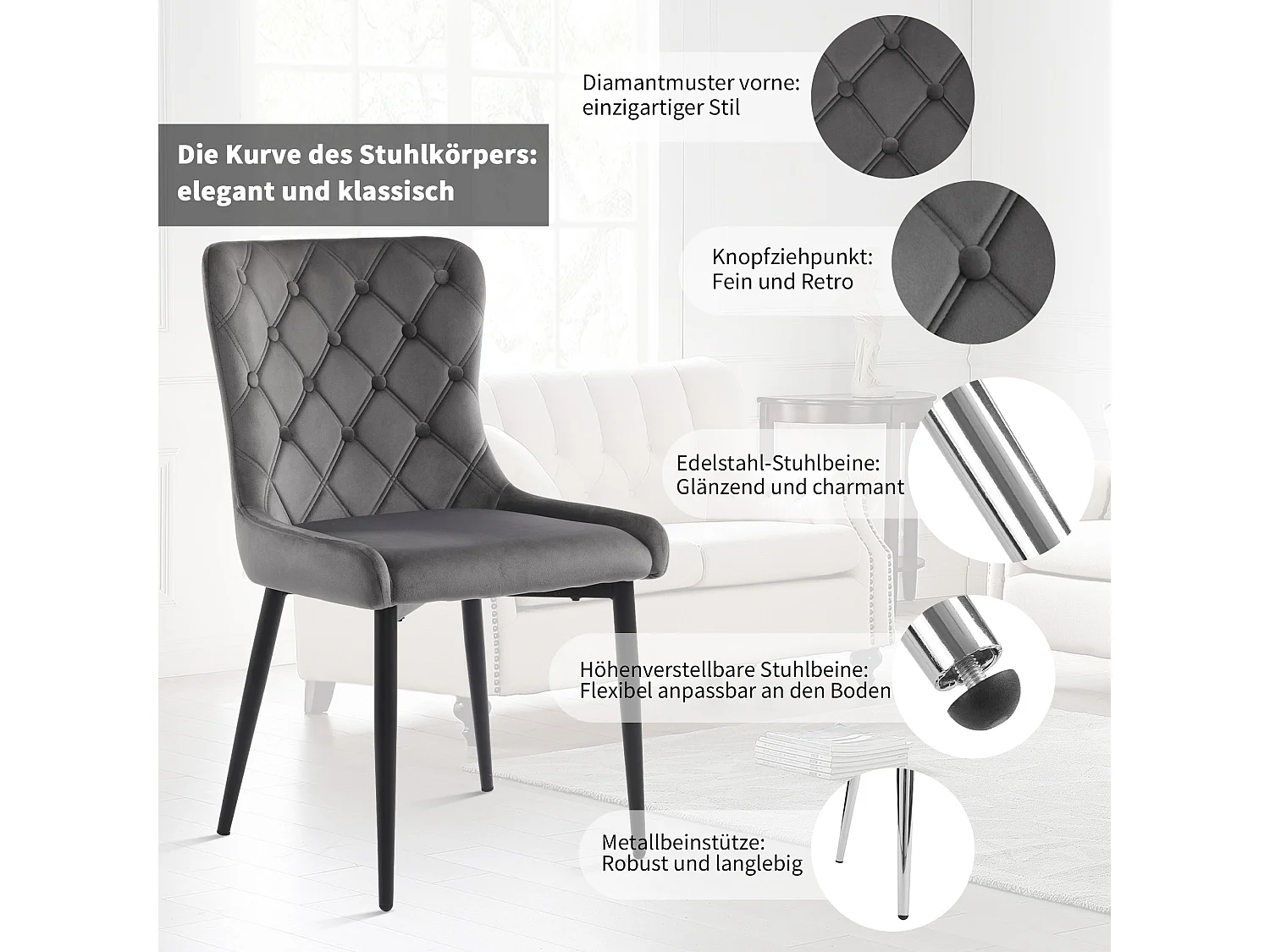 Lot de 2 chaises de salle à manger avec dossier, chaises de cuisine en velours, pieds métalliques noirs, gris foncé (50x45x86 cm)