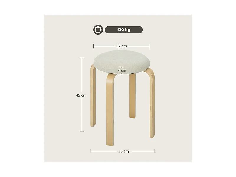 Set de 4 tabourets empilables, design moderne, en bois, crème, (40x40x45 cm)