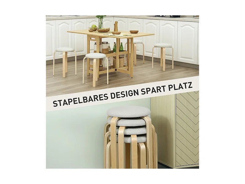 Set de 4 tabourets empilables, design moderne, en bois, crème, (40x40x45 cm)