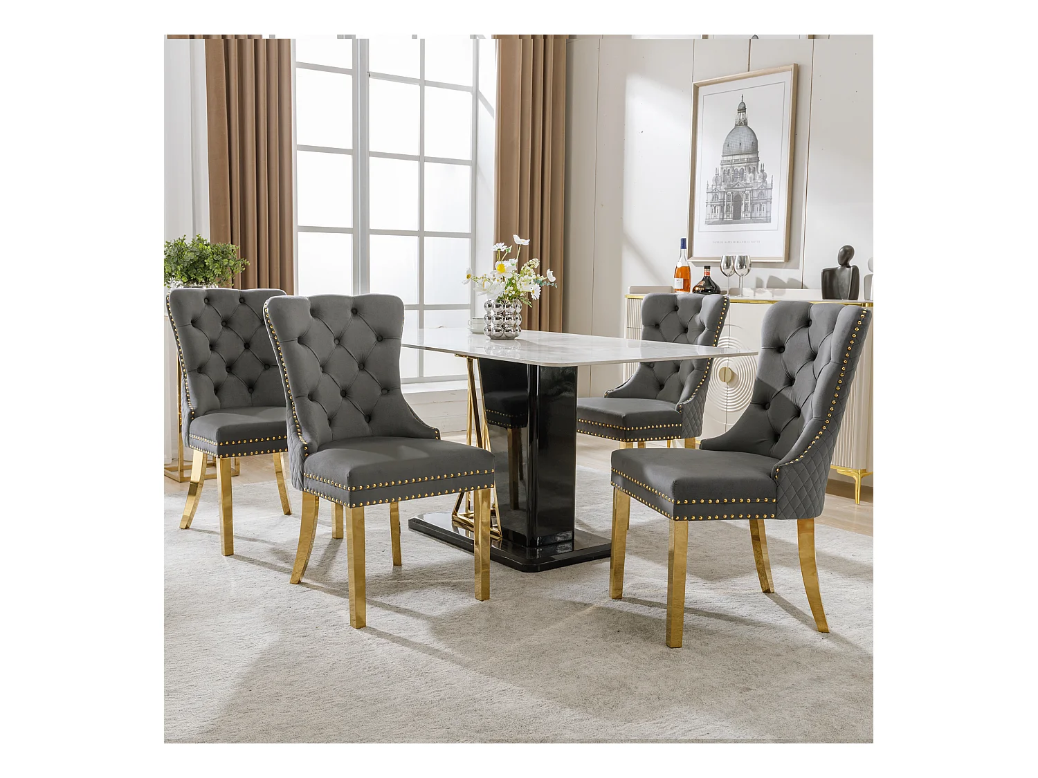 Chaise de Salle à Manger en Velours Gris avec Anneau Décoratif, Pieds en Acier Inoxydable Doré, 4 Pièces (50.5x45x95 cm)