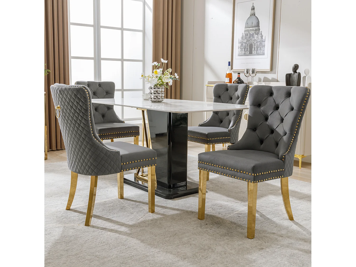 Chaise de Salle à Manger en Velours Gris avec Anneau Décoratif, Pieds en Acier Inoxydable Doré, 4 Pièces (50.5x45x95 cm)