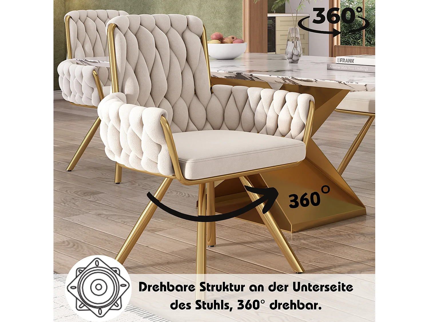 Lot de 2 chaises de salle à manger avec motif losange, fauteuil pivotant avec 4 pieds métalliques, en velours beige (L64.77 x l63.5 x H50.8 cm)