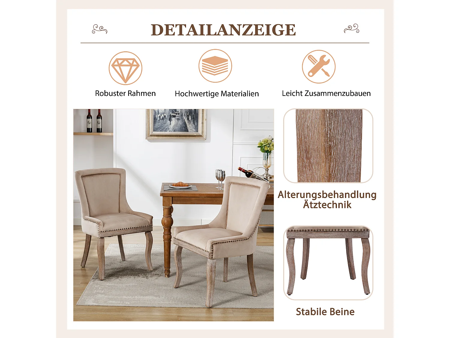 Chaise de salle à manger en velours beige avec pieds en bois massif et clous décoratifs (55x61x91 cm)