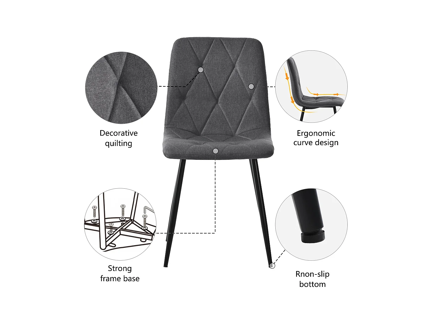 Eetkamerstoelen (4 stuks), donkergrijs linnen, zwarte metalen poten, jute rugleuning (45x40x86 cm)