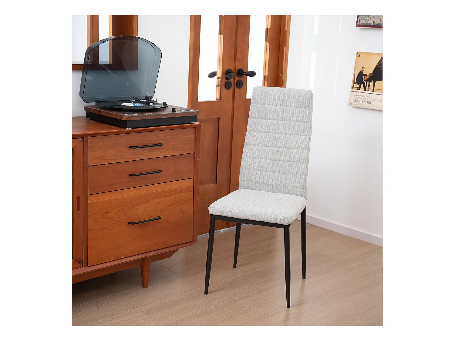 Eetkamerstoel met 4 stoelen, hoge rugleuning, gestoffeerde zitting, metalen frame, in grijs linnen (40x39x94 cm)