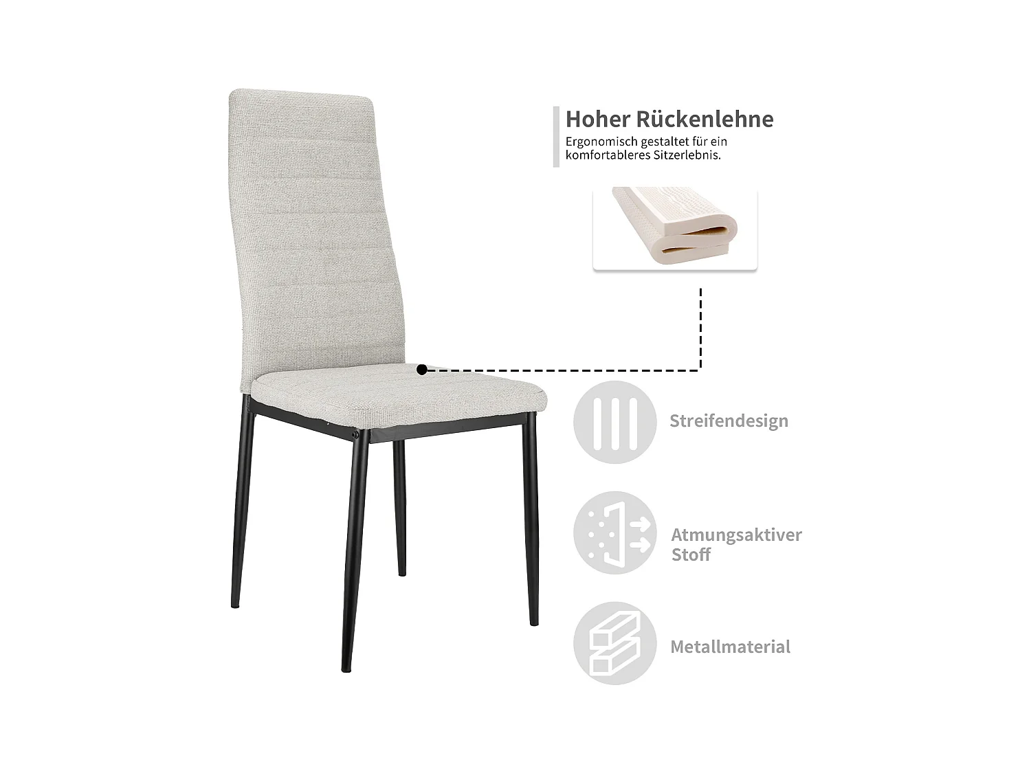 Eetkamerstoel met 4 stoelen, hoge rugleuning, gestoffeerde zitting, metalen frame, in grijs linnen (40x39x94 cm)