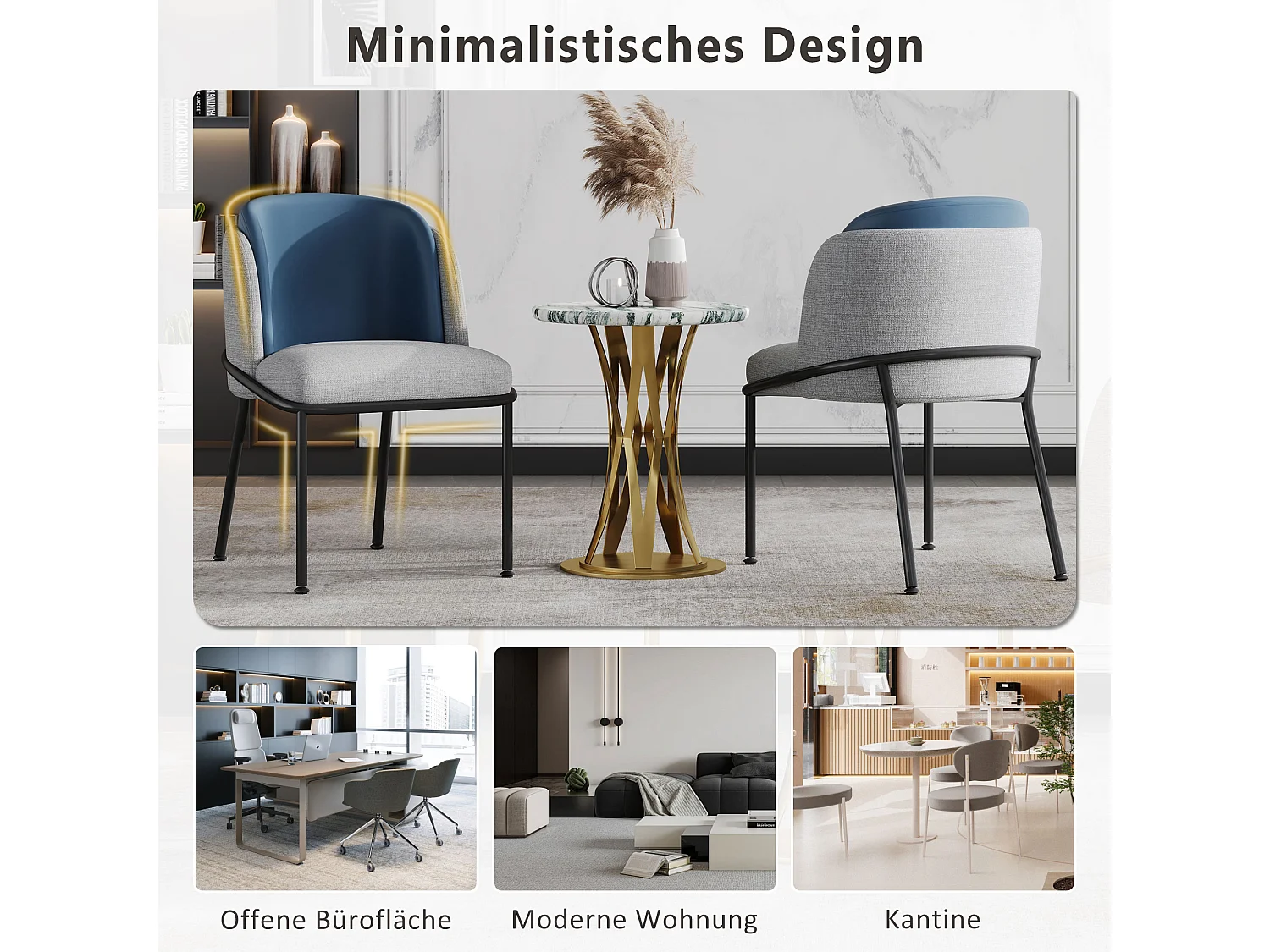 4 Chaises design contemporain, pieds inclinés réglables, métal et bois, gris et bleu marine (55x55x85cm)