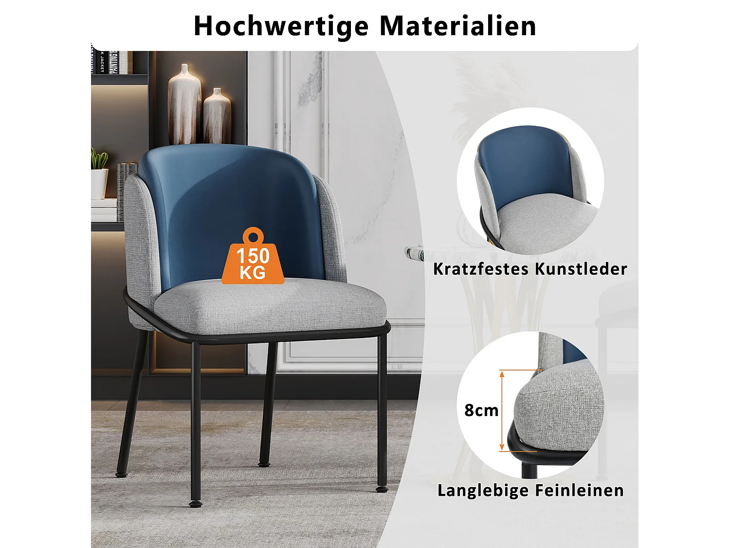 4 Chaises design contemporain, pieds inclinés réglables, métal et bois, gris et bleu marine (55x55x85cm)