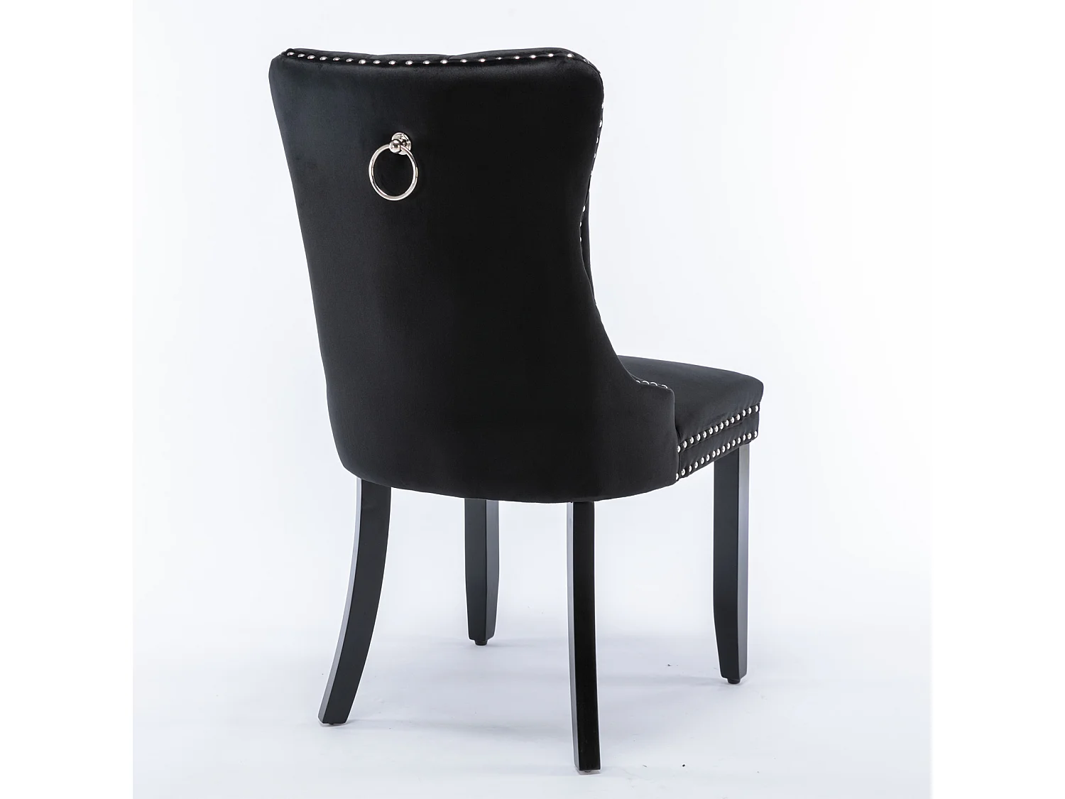 Chaise de salle à manger moderne en velours haut de gamme, dossier rembourré avec pieds en bois et garniture cloutée, noir (65x50x95cm)