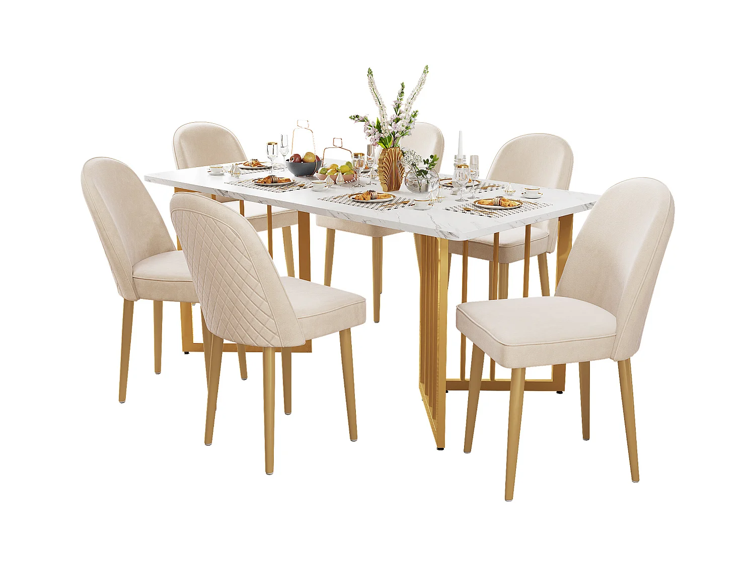 6 Chaises de Salle à Manger, Chaises en Velours Beige avec Pieds en Métal Doré, Design Moderne et Confortable (45.5x62x87.5 cm)