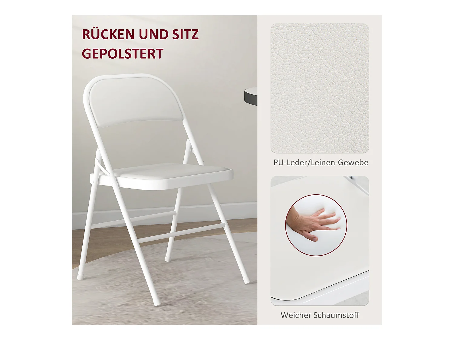 Vouwstoel met gewatteerde rugleuning, metalen frame, kunstleer, wit (45x46x78 cm)