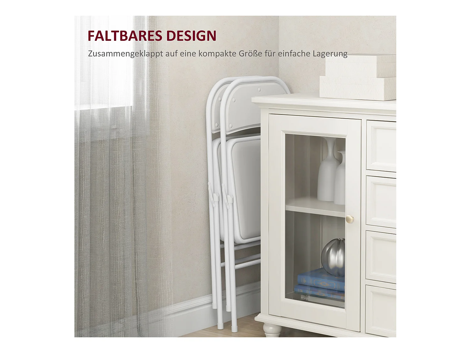 Vouwstoel met gewatteerde rugleuning, metalen frame, kunstleer, wit (45x46x78 cm)