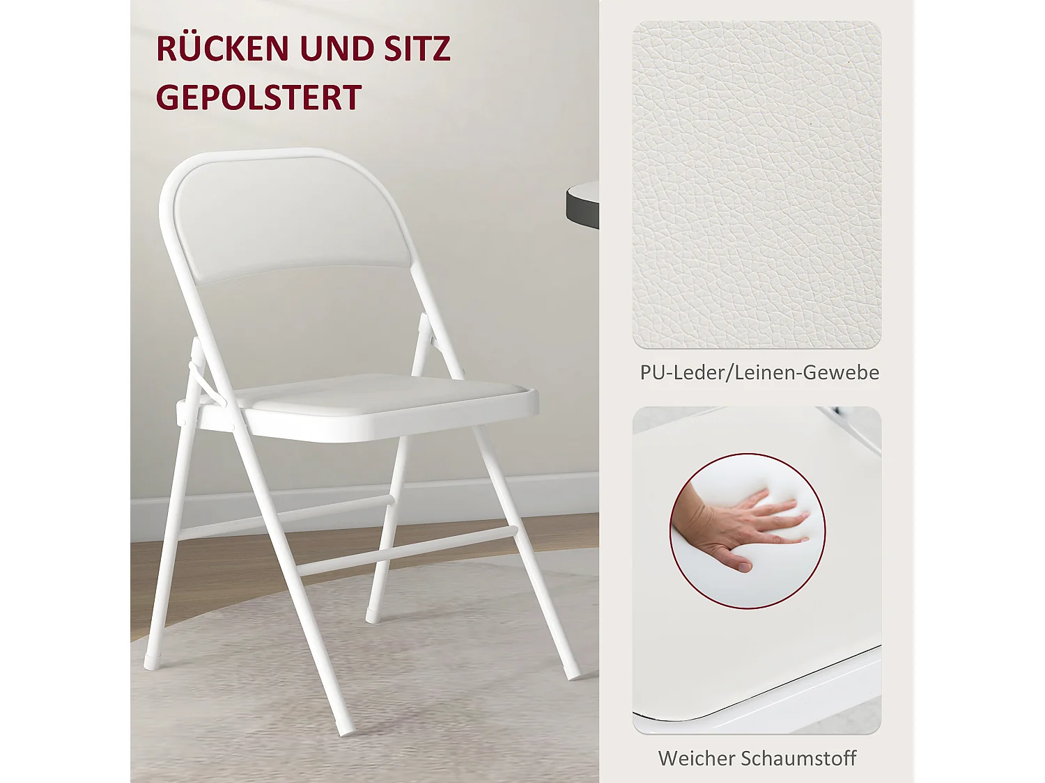 Chaise pliante avec dossier rembourré, structure en métal, cuir synthétique, blanche (45x46x78 cm)