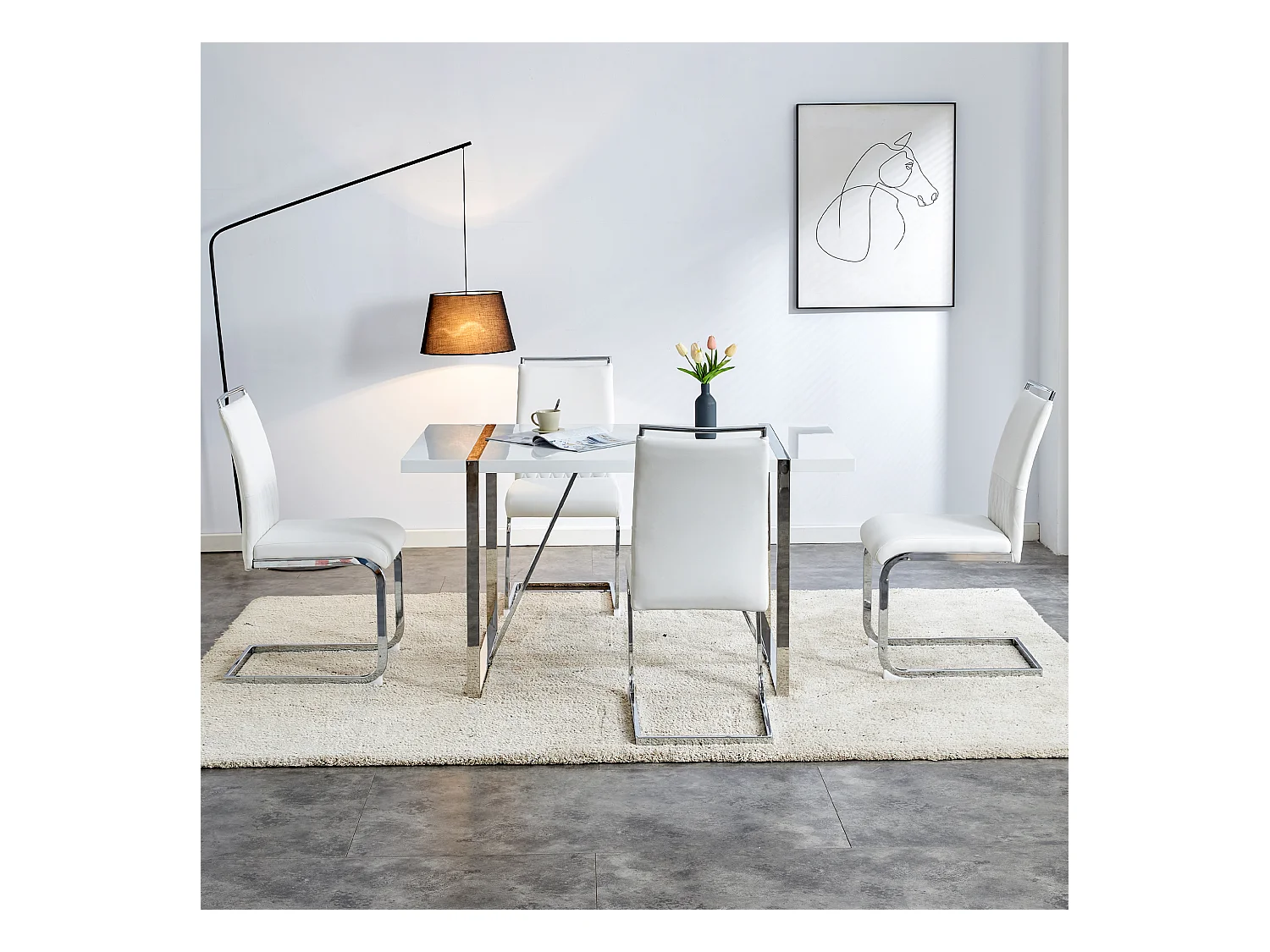 Lot de 4 chaises de salle à manger modernes, dossier en PU et lin, assise en velours, structure métallique, blanc (42x48x95 cm)