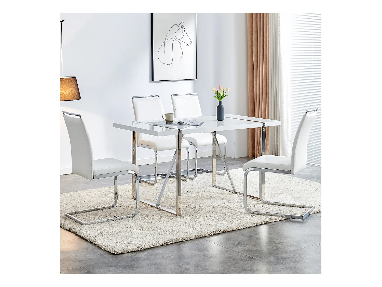 Lot de 4 chaises de salle à manger modernes, dossier en PU et lin, assise en velours, structure métallique, blanc (42x48x95 cm)