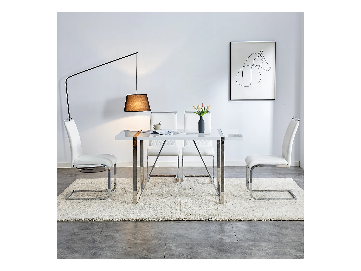 Lot de 4 chaises de salle à manger modernes, dossier en PU et lin, assise en velours, structure métallique, blanc (42x48x95 cm)