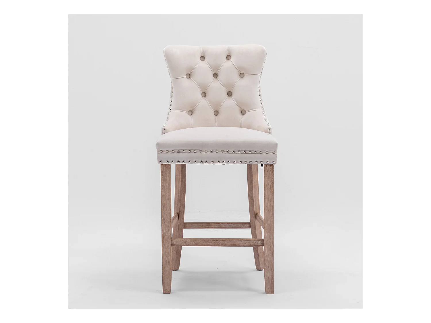Tabouret de bar en velours rembourré, design contemporain avec pieds en bois et garniture cloutée, beige (60x50x66cm)