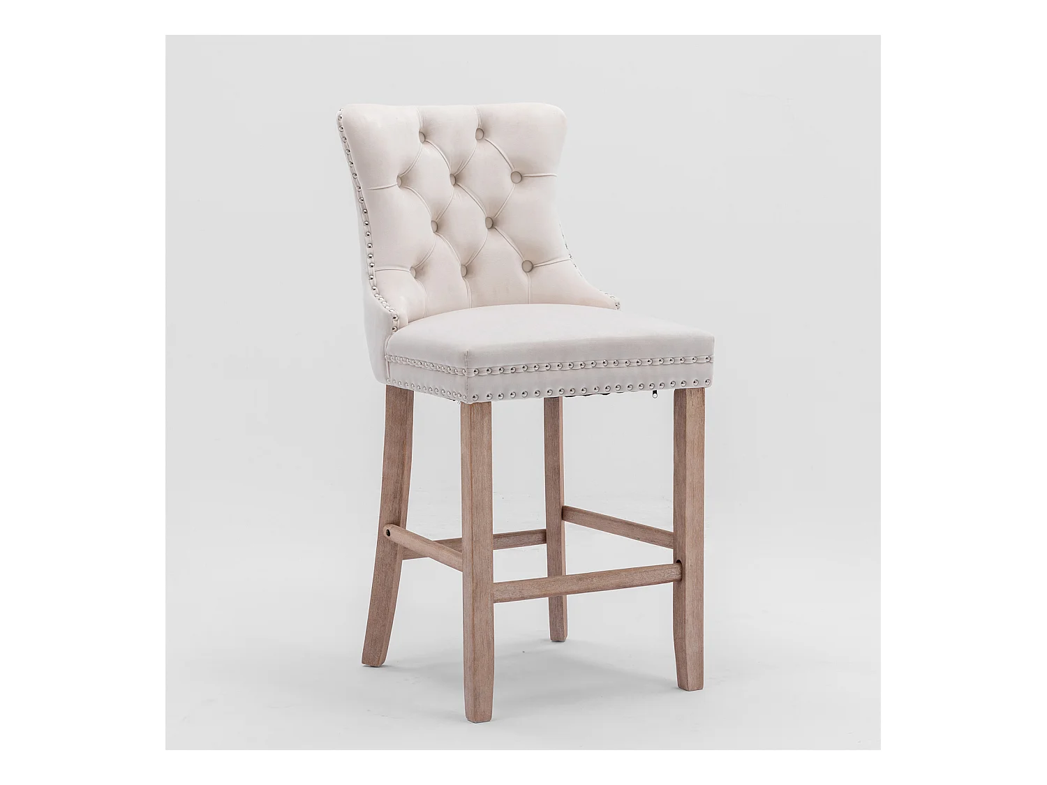 Tabouret de bar en velours rembourré, design contemporain avec pieds en bois et garniture cloutée, beige (60x50x66cm)