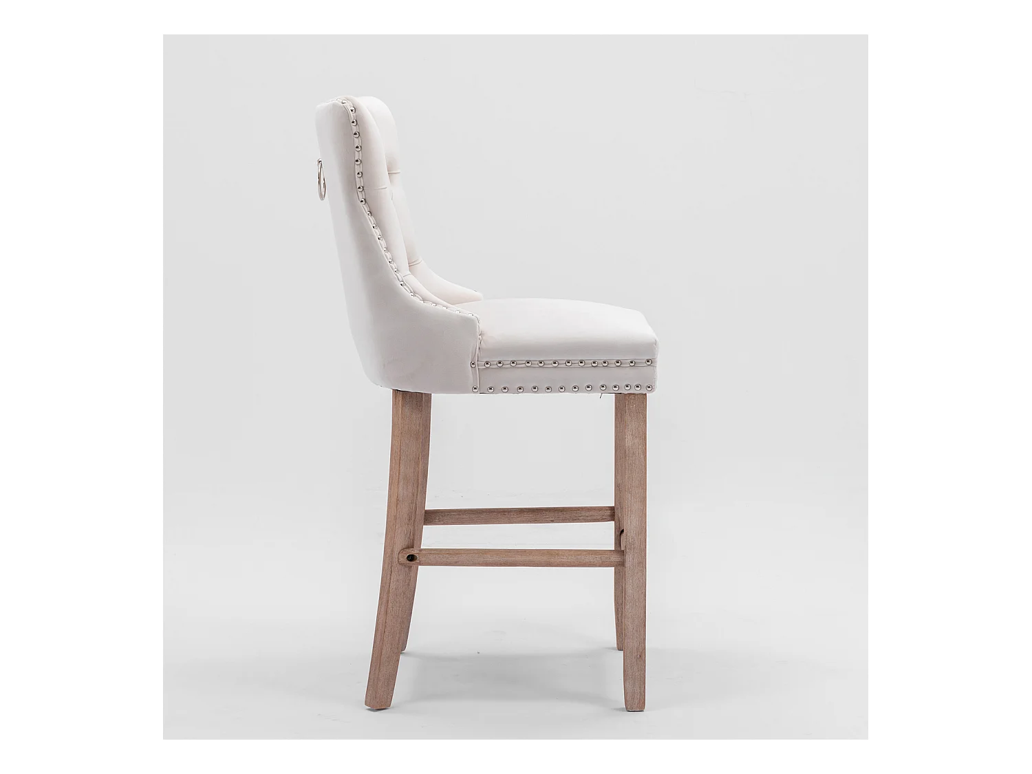 Tabouret de bar en velours rembourré, design contemporain avec pieds en bois et garniture cloutée, beige (60x50x66cm)