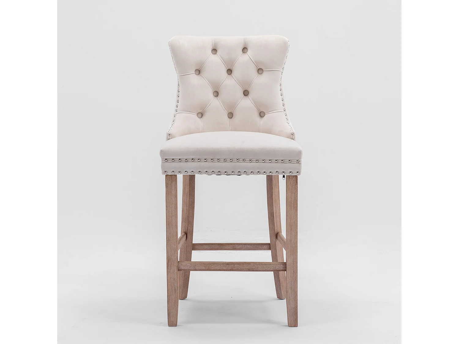 Tabouret de bar en velours rembourré, design contemporain avec pieds en bois et garniture cloutée, beige (60x50x66cm)