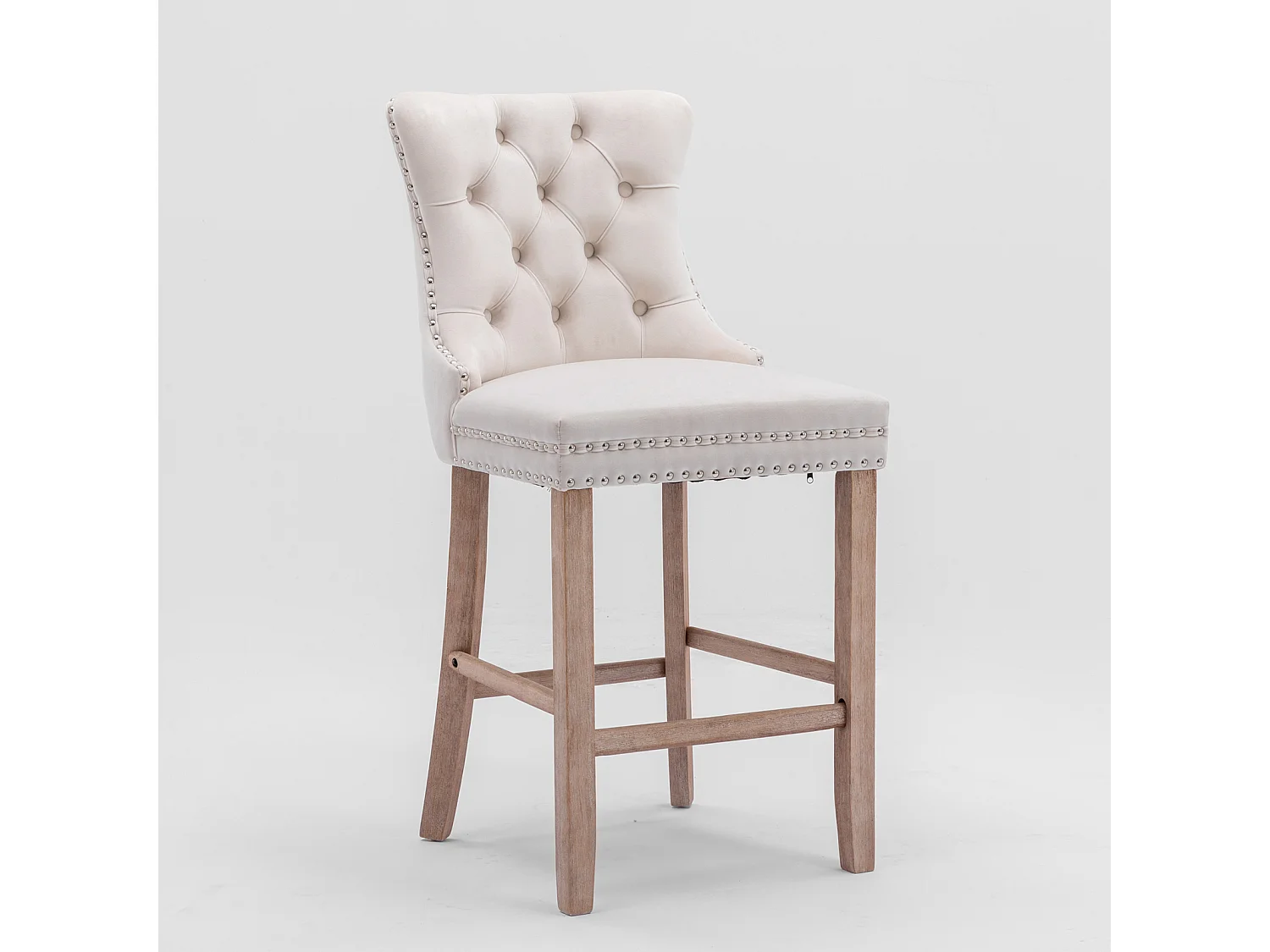 Tabouret de bar en velours rembourré, design contemporain avec pieds en bois et garniture cloutée, beige (60x50x66cm)