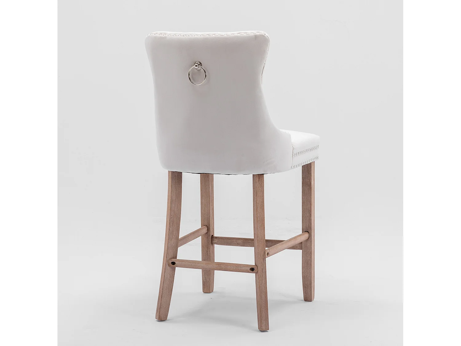 Tabouret de bar en velours rembourré, design contemporain avec pieds en bois et garniture cloutée, beige (60x50x66cm)