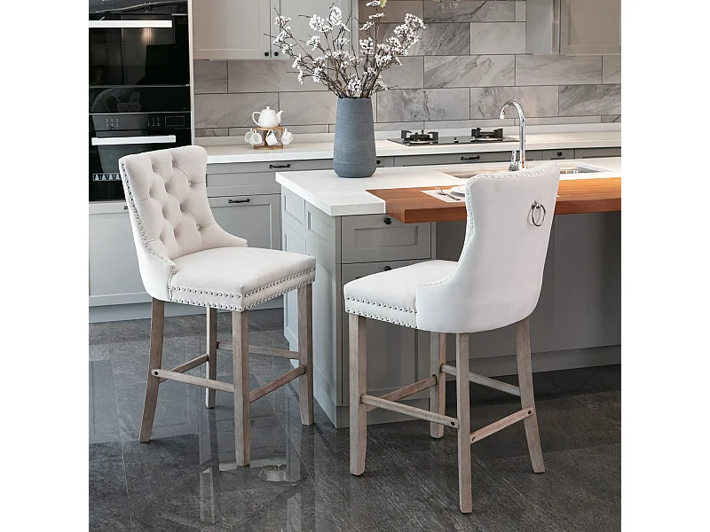 Gestoffeerde fluwelen barkruk, modern design met houten poten en sierlijsten, beige (60x50x66cm)