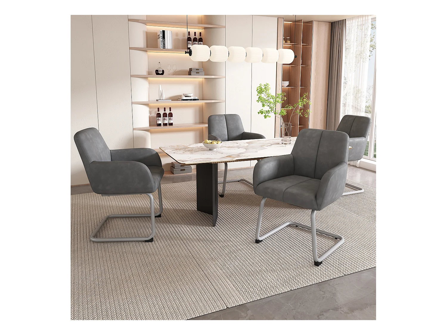 Set van 4 eetkamerstoelen met armleuningen, kunstleer, gebogen metalen poten, grijs (56x56x76 cm)