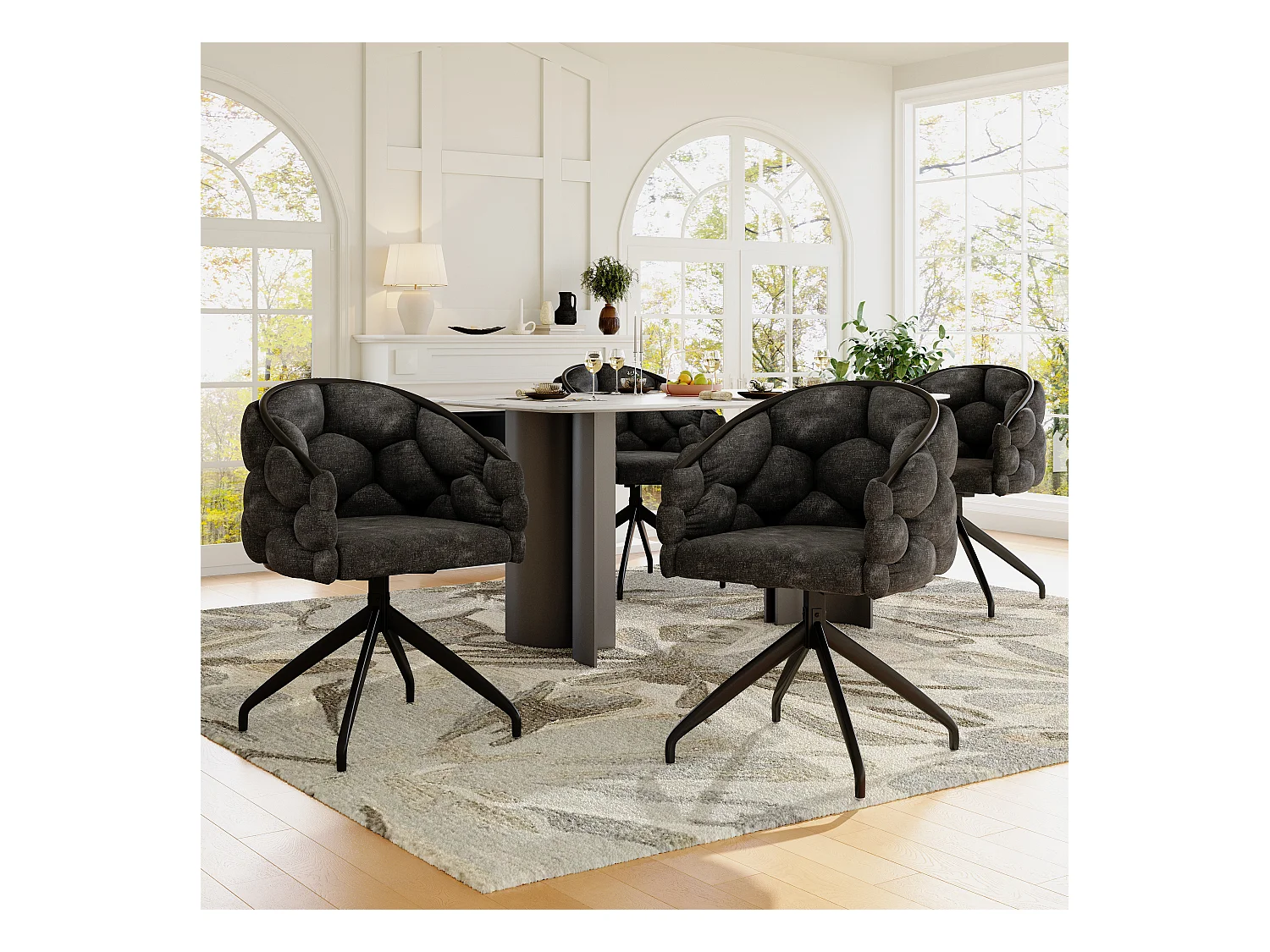 Chaises en velours luxueuses (4 pièces), chaises pivotantes 360°, métal doré, gris (45x44x77.5 cm)