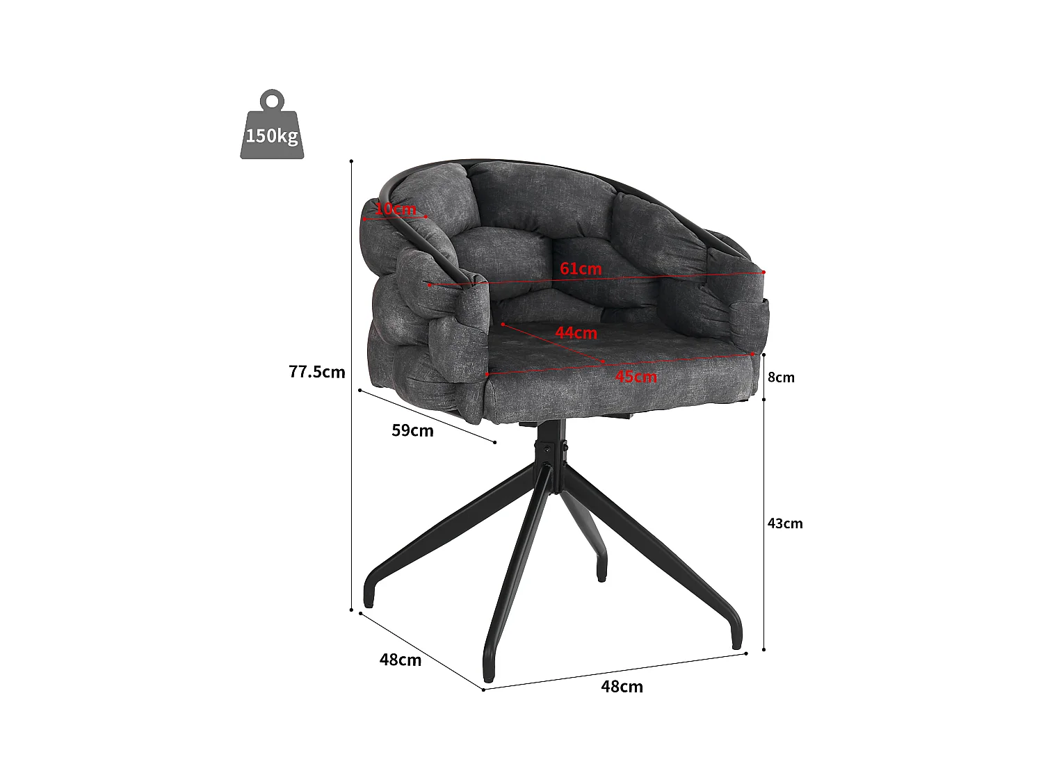 Chaises en velours luxueuses (4 pièces), chaises pivotantes 360°, métal doré, gris (45x44x77.5 cm)