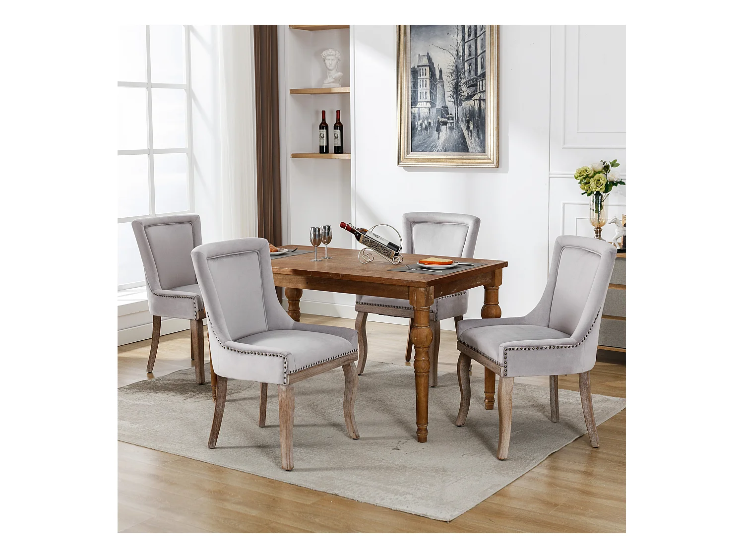 Chaises de salle à manger, Lot de 4, clous décoratifs, pieds en bois massif, velours gris (55x61x91 cm)