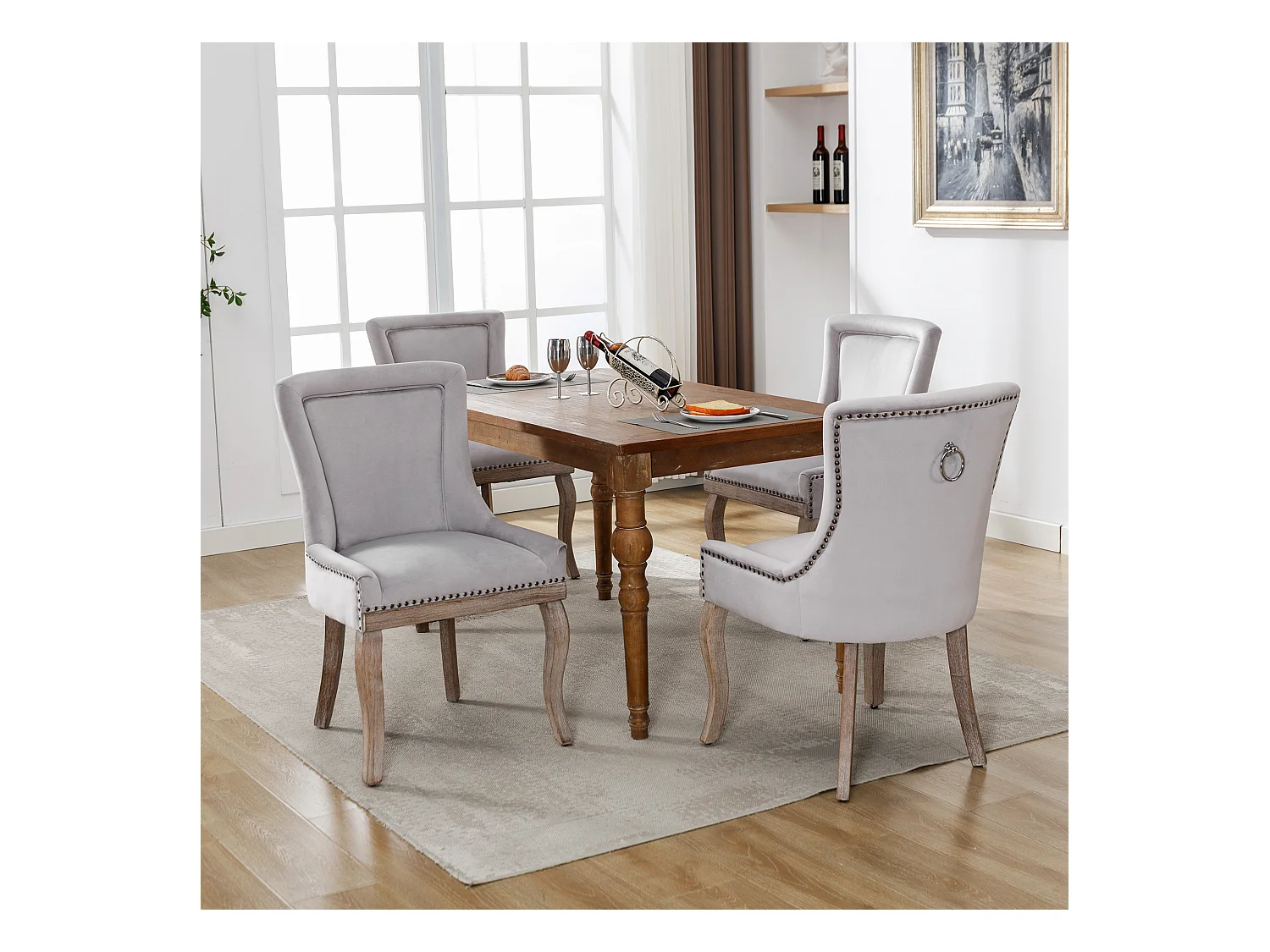 Chaises de salle à manger, Lot de 4, clous décoratifs, pieds en bois massif, velours gris (55x61x91 cm)