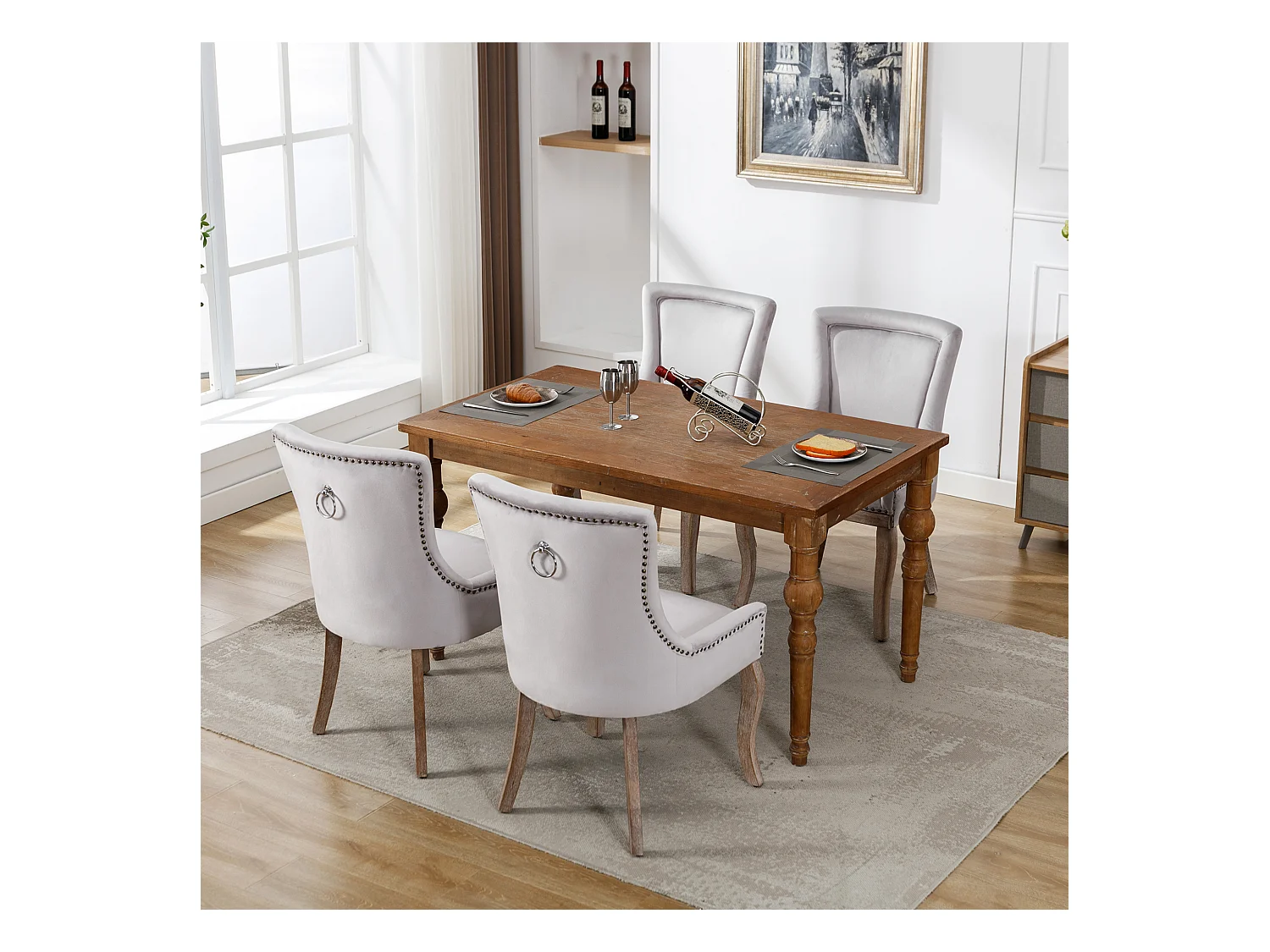 Chaises de salle à manger, Lot de 4, clous décoratifs, pieds en bois massif, velours gris (55x61x91 cm)