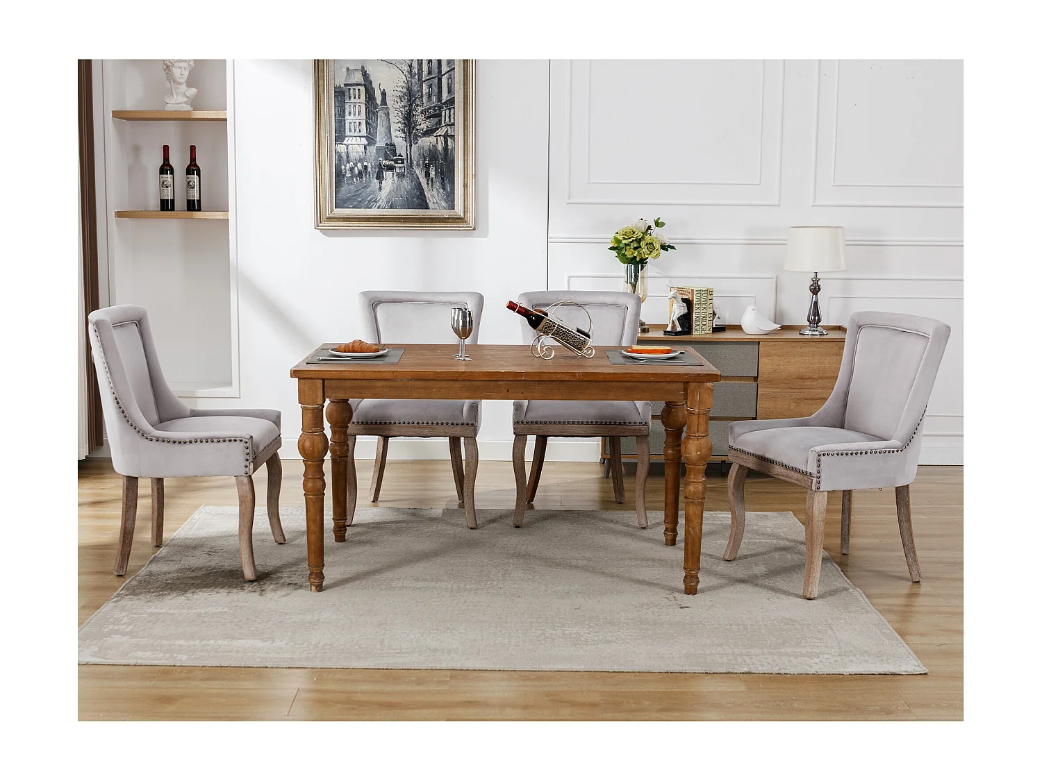 Chaises de salle à manger, Lot de 4, clous décoratifs, pieds en bois massif, velours gris (55x61x91 cm)