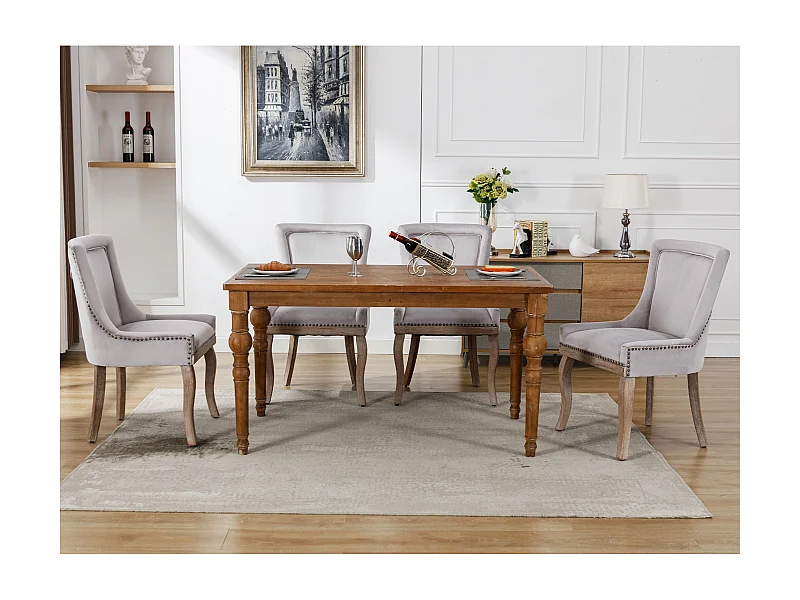 Eetkamerstoelen, set van 4, decoratieve spijkers, massief houten poten, grijs fluweel (55x61x91 cm)