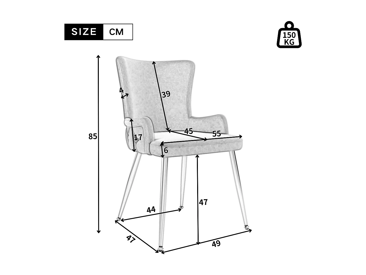 Set di 4 sedie da pranzo in velluto con gambe in metallo argentato, beige (62,87x58,42x55,88 cm)